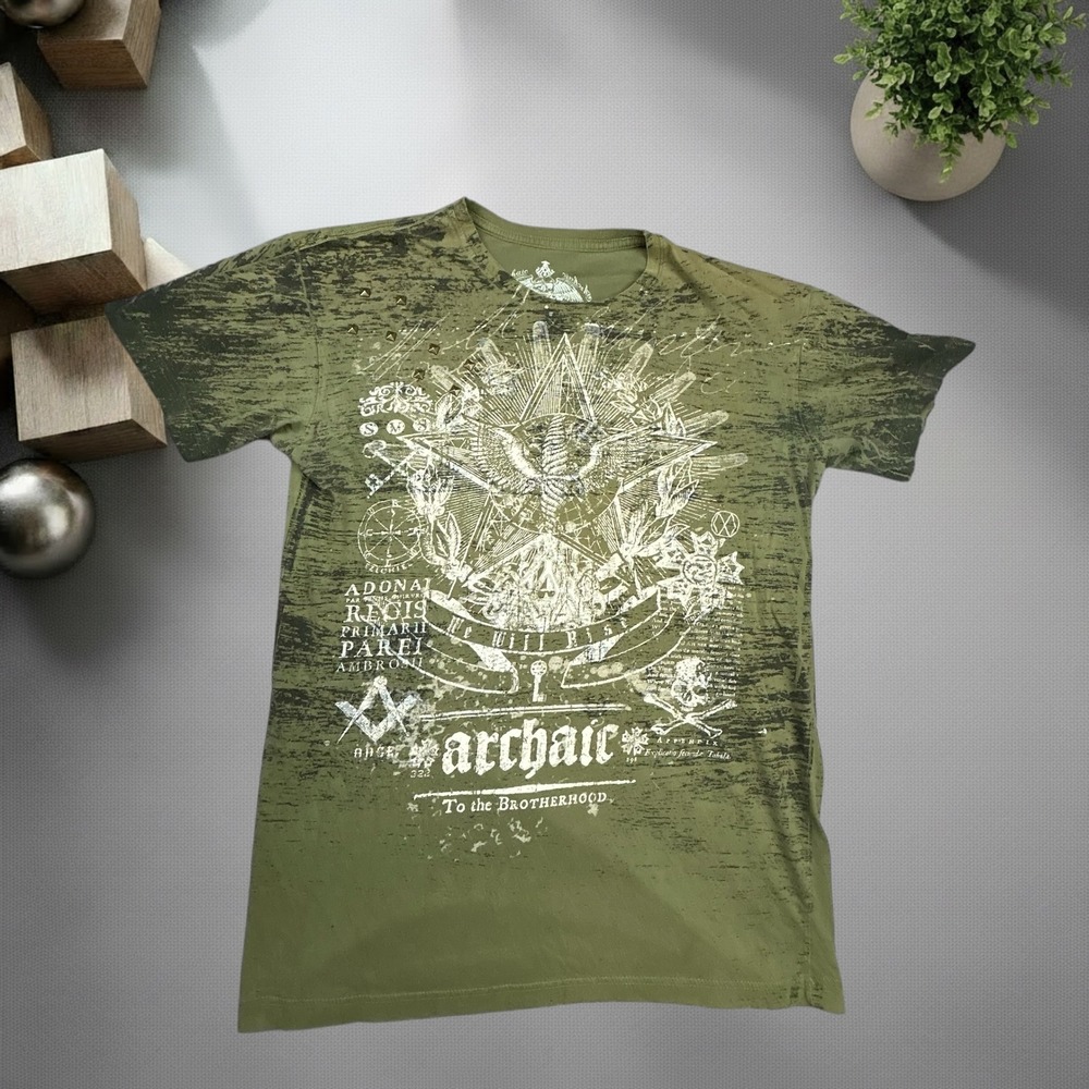 Archaic Mens Graphic T-Shirt Large Olive Green Y2K Grunge MMA Skater Studded
